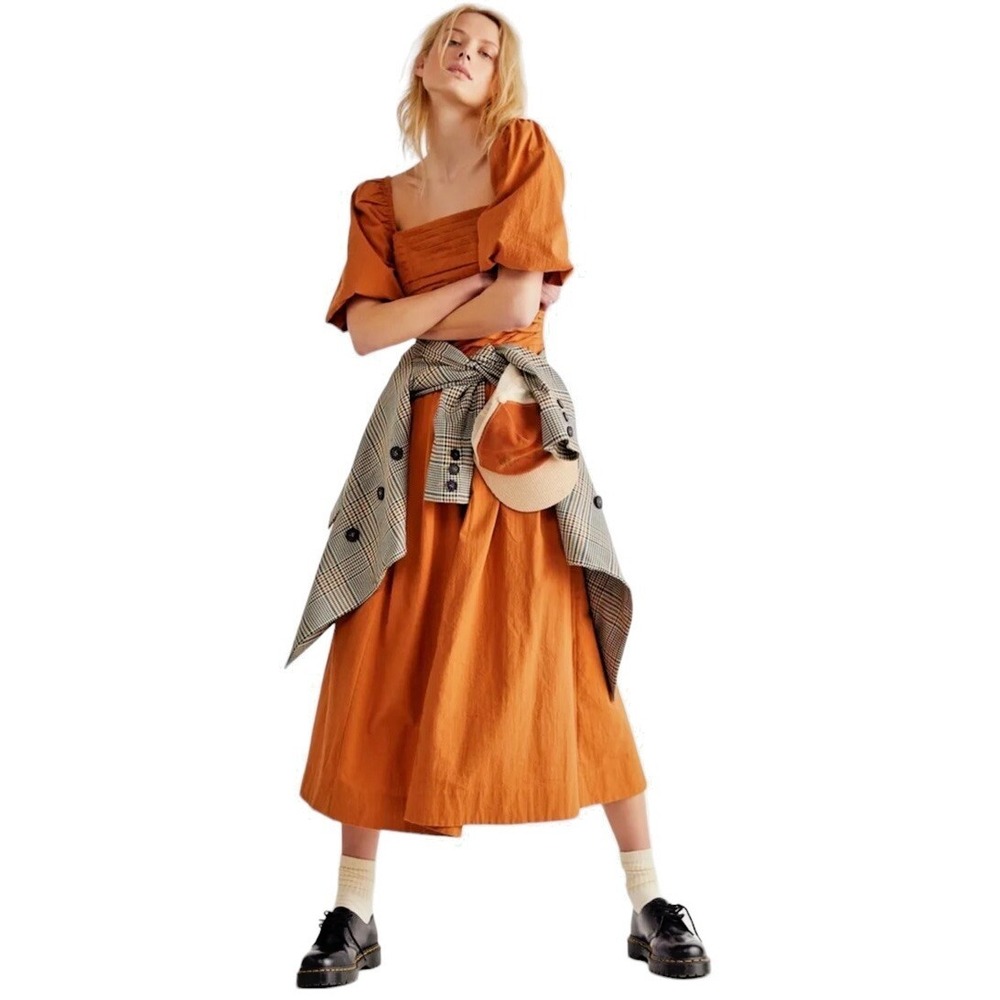 Free People Midi Dress Small Aint She‎ A Beaut Orange Puff Sleeves Smocked Boho